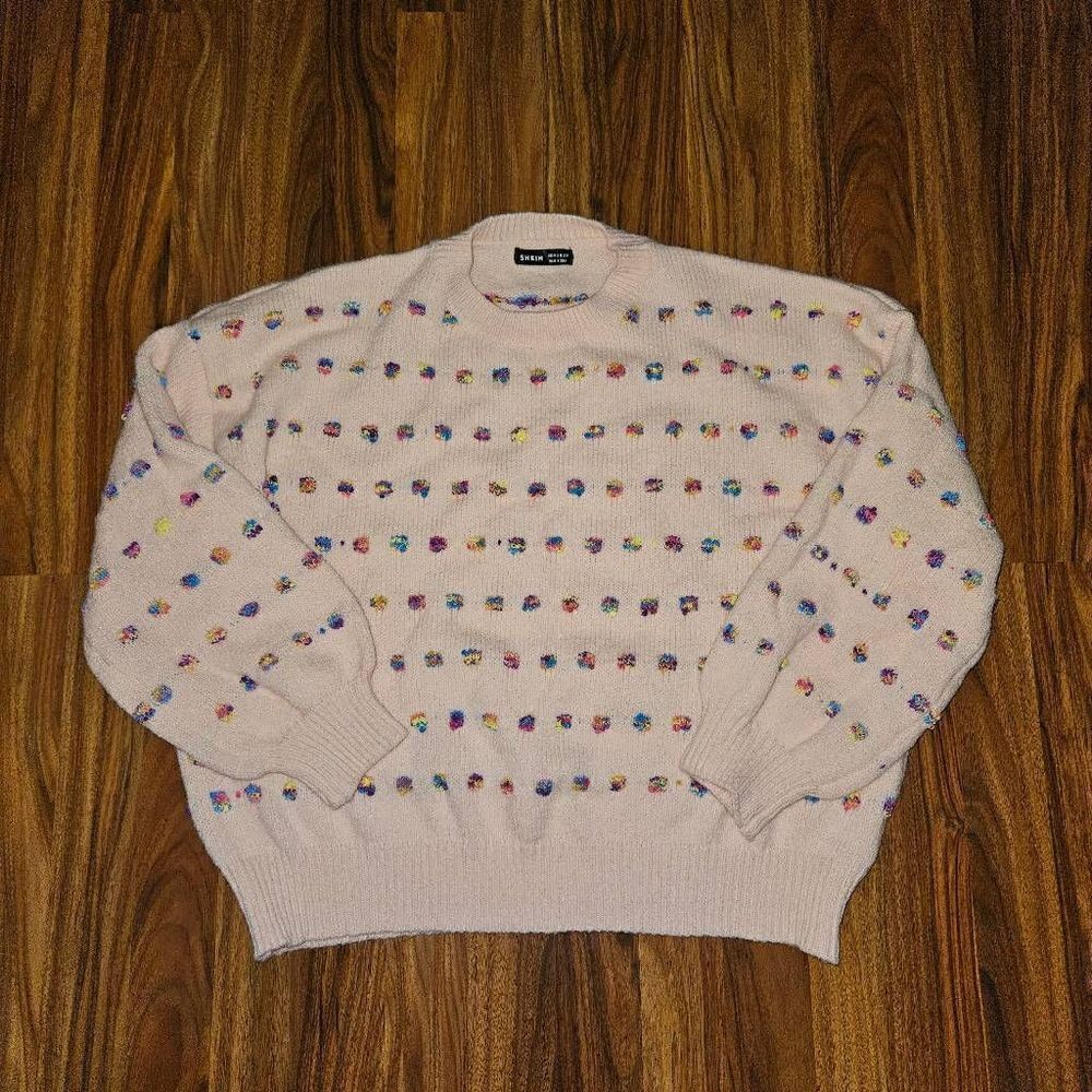 Shein Oversized Pink Sweater with Rainbow Dots Womens Size Medium